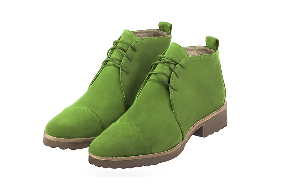 Grass green women's ankle boots with laces at the front. Round toe. Flat rubber soles. Front view - Florence KOOIJMAN
